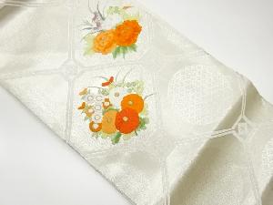 リサイクル　格天井に花々模様刺繍名古屋帯